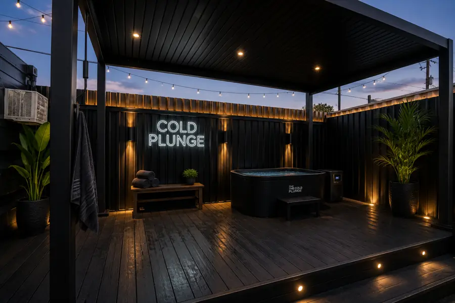Cold plunge pavilion lit at dusk