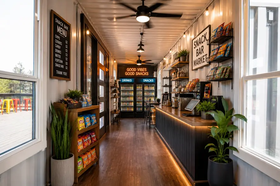 Container snack bar and pro shop with warm lighting