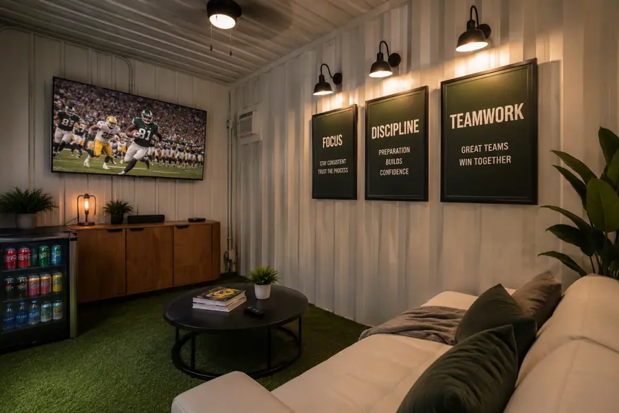 Air-conditioned VIP container lounge with a TV and sofa